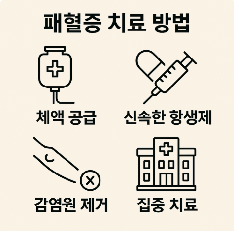 패혈증 치료 방법 체액 공급
신속한 항생제 감염원 제거
집중 치료